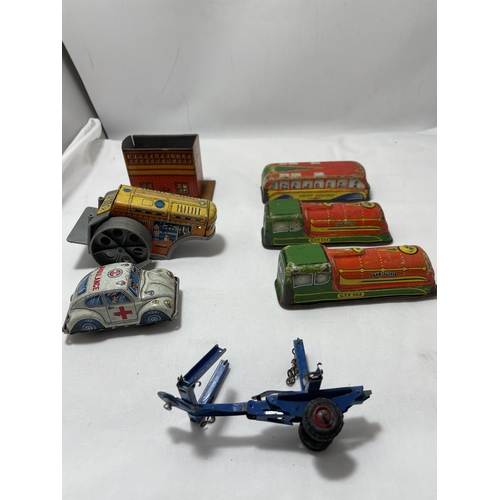 336 - A QUANTITY OF VINTAGE TIN PLATE AND PLASTIC, FRICTION DRIVEN TOY VEHICLES FROM THE 1950'S/60'S