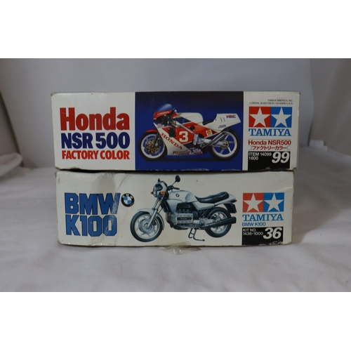 337 - TWO BOXED VINTAGE TAMIYA, 1/12 SCALE, MOTORCYCLE MODEL KITS - BMW K100 AND HONDA NSR 500