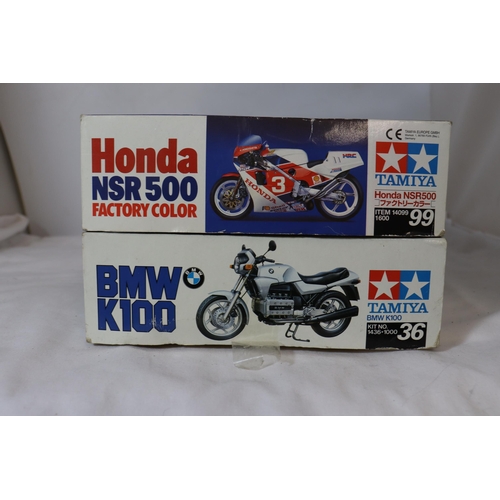 337 - TWO BOXED VINTAGE TAMIYA, 1/12 SCALE, MOTORCYCLE MODEL KITS - BMW K100 AND HONDA NSR 500