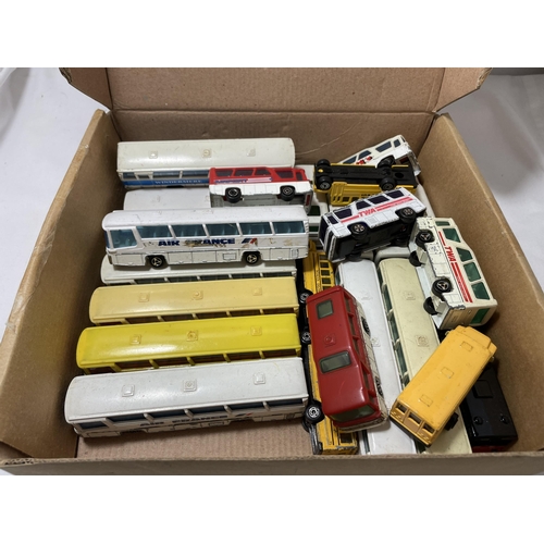 338 - A LARGE QUANTITY OF DIECAST TOY BUSES AND COACHES TO INCLUDE MAJORETTE, MATCHBOX,ETC