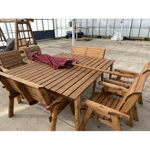 202 - AN AS NEW EX DISPLAY CHARLES TAYLOR GARDEN FURNITURE SET, ONE LARGE SQUARE TABLE WITH PARASOL, TWO D... 