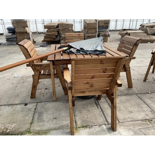 205 - AN AS NEW EX DISPLAY CHARLES TAYLOR GARDEN FURNITURE SET, ONE SQUARE TABLE WITH PARASOL AND FOUR SIN... 