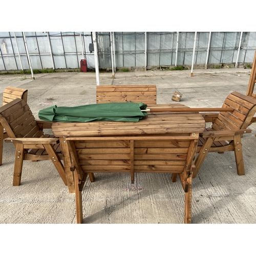 207 - AN AS NEW EX DISPLAY CHARLES TAYLOR GARDEN FURNITURE SET, ONE OVAL TABLE WITH PARASOL, TWO DOUBLE SE... 