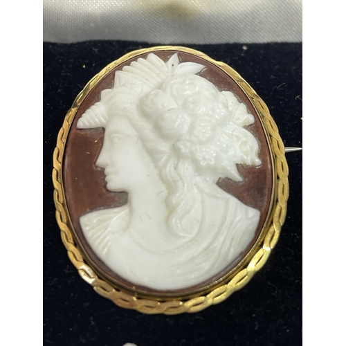 534 - A 9 CARAT GOLD STONE CAMEO BROOCH IN A PRESENTATION BOX