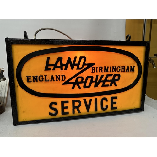 50 - A DOUBLE SIDED LAND ROVER SERVICE BIRMINGHAM ENGLAND ILLUMINATED SIGN COMPLETE WITH HANGING BRACKET