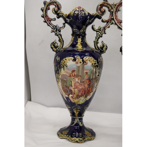 114 - A PAIR OF VICTORIAN VASES IN COBALT BLUE WITH PICTORIAL DECORATION, HEIGHT 41 CM