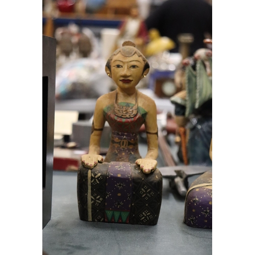 119 - A COLLECTION OF ASIAN ITEMS TO INCLUDE A WALL PLAQUE, BUDDAH FIGURES, LARGE WOODEN FIGURES, A FOO DO... 