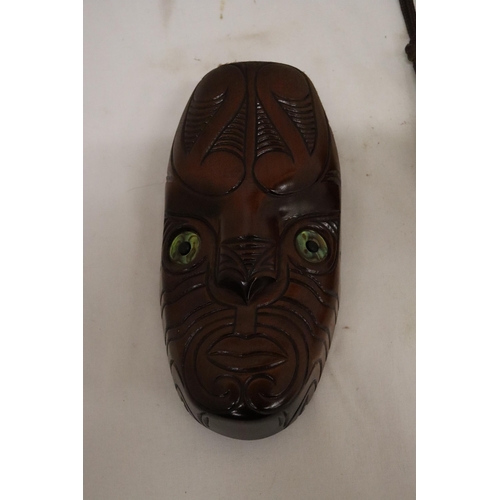 128 - TWO WALL MASKS TO INCLUDE A JAPANESE ONE WITH MARKS TO INNER AND A NEW ZEALAND 'KORURU', 'RURU' IS M... 