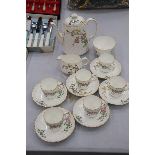137 - A MINTON 'DAINTY SPRAYS' COFFEE SET TO INCLUDE A COFFEE POT, CREAM JUG, SUGAR BOWL, CUPS AND SAUCERS