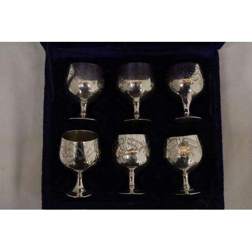 146 - A SET OF SIX SILVER PLATED GOBLETS IN A VELVET LINED BOX