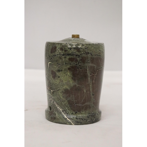 147 - A HEAVY STONE LAMP BASE, BELIEVED TO BE MADE FROM CORNISH SERPENTINE FROM THE LIZARD PENINSULA. NEED... 