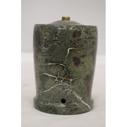 147 - A HEAVY STONE LAMP BASE, BELIEVED TO BE MADE FROM CORNISH SERPENTINE FROM THE LIZARD PENINSULA. NEED... 