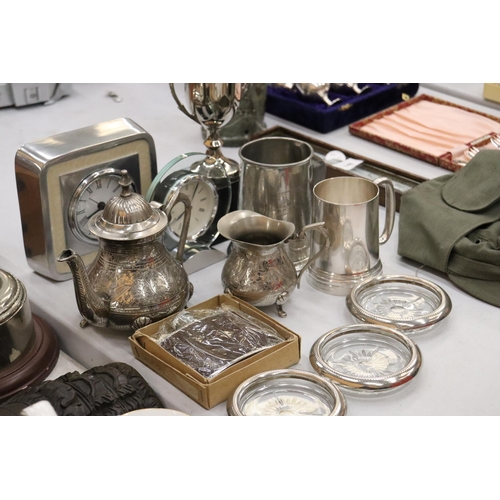 151 - A QUANTITY OF SILVER PLATED ITEMS TO INCLUDE A TEAPOT, TANKARDS, A TROPHY, HIP FLASK, CLOCKS, ETC