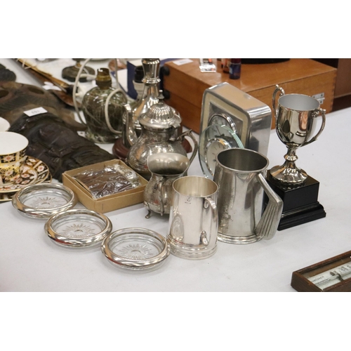 151 - A QUANTITY OF SILVER PLATED ITEMS TO INCLUDE A TEAPOT, TANKARDS, A TROPHY, HIP FLASK, CLOCKS, ETC