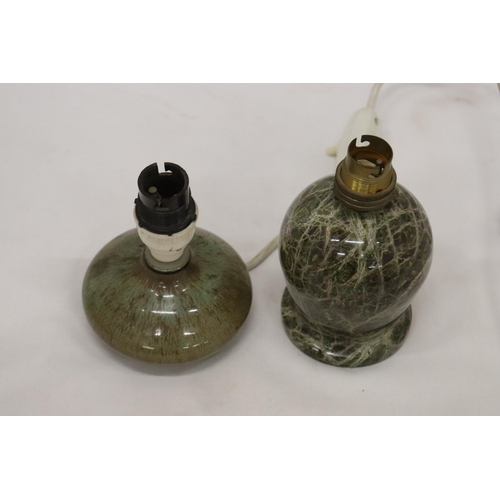 155 - TWO STONEWARE LAMP BASES TO INCLUDE A VERY HEAVY ONE, BELIEVED TO BE MADE FROM CORNISH SERPENTINE FR... 