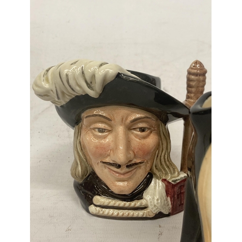 734 - SIX CHARACTER JUGS TO INCLUDE ROYAL DOULTON BEEFEATER, ARAMIS, CATHERINE OF ARAGON, ETC.,