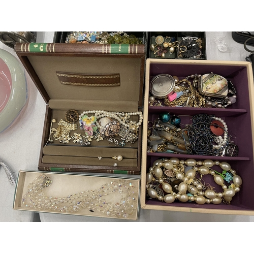 166 - A LARGE QUANTITY OF COSTUME JEWELLERY TO INCLUDE NECKLACES, BROOCHES, EARRINGS, ETC, PLUS FIVE JEWEL... 