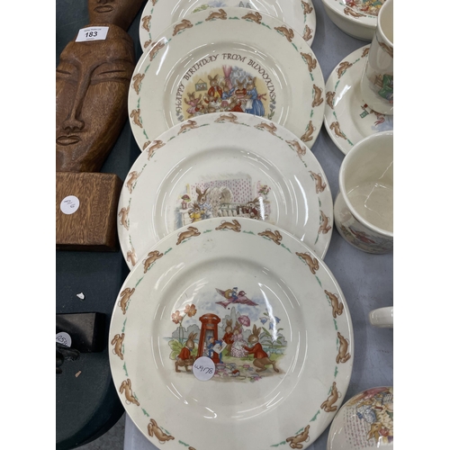 182 - A LARGE COLLECTION OF ROYAL DOULTON 'BUNNYKINS' CERAMICS TO INCLUDE MONEY BOXES, PLATES, A CLOCK, BO... 