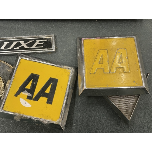 196 - SEVEN VINTAGE CAR BADGES TO INCLUDE THE AA, AUSTIN, ETC