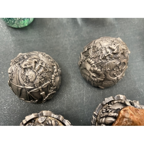 203 - TWO PEWTER TUDOR MINT EGGS WITH ZODIAC SIGNS CANCER AND SCORPIO TO THE INSIDE