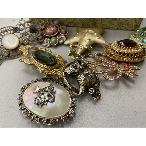 225 - A QUANTITY OF VINTAGE COSTUME JEWELLERY BROOCHES - 16 IN TOTAL