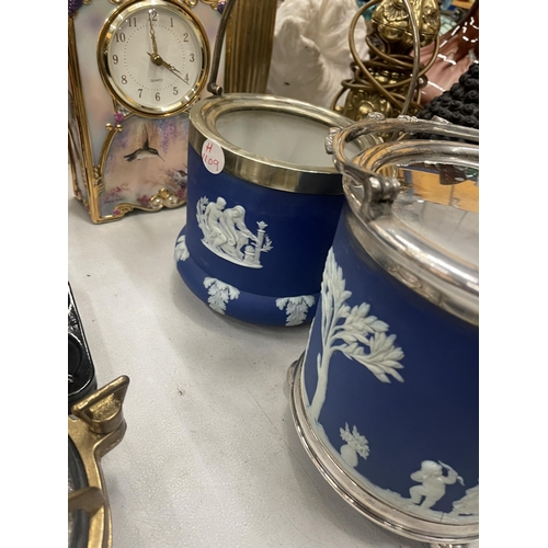 234 - TWO WEDGWOOD JASPERWARE ICE BUCKETS IN COBALT BLUE, WITH SILVER PLATED DETAILS