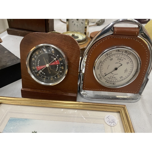 260 - A COLLECTION OF SMALL BAROMETERS PLUS A BRASS CARRIAGE CLOCK