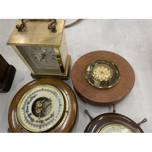 260 - A COLLECTION OF SMALL BAROMETERS PLUS A BRASS CARRIAGE CLOCK