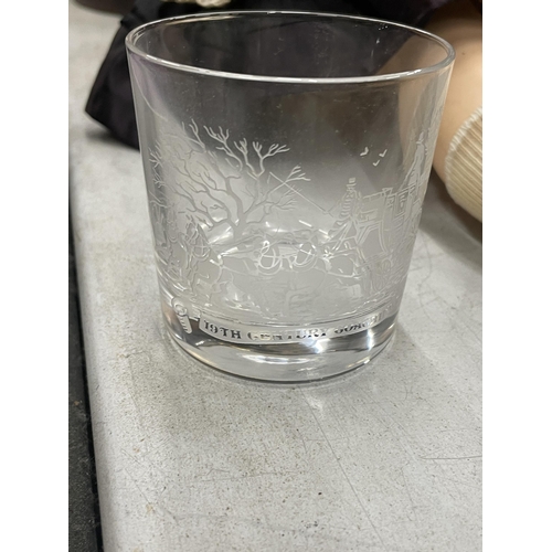 272 - A PAIR OF EDINBURGH INTERNATIONAL WHISKY GLASSES WITH 19TH CENTURY COACHING ENGRAVING, IN PRESENTATI... 