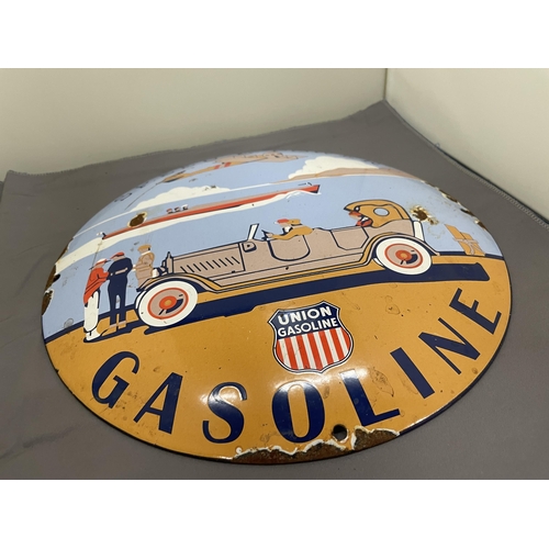 278 - AN ENAMEL UNION GASOLINE SIGN, DIAMETER 30CM