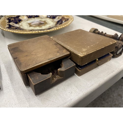 300 - TWO VINTAGE METAL STAMPS PLUS TWO VINTAGE POCKET WATCH BOXES