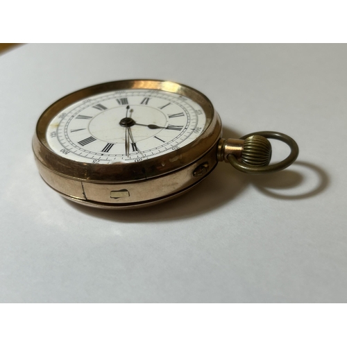 514 - A 9CT YELLOW GOLD OPEN FACED POCKET WATCH GROSS WEIGHT 89.24 GRAMS WITH LEVER ESCAPEMENT AND A ROMAN... 