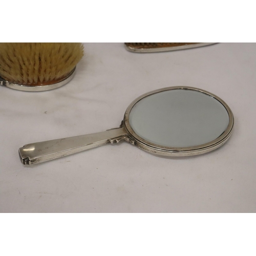 26 - AN ENAMEL AND HALLMARKED LONDON SILVER TWO BRUSH AND MIRROR SET