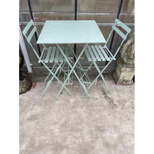 1526 - A TALL METAL FOLDING PATIO TABLE AND TWO FOLDING STOOLS