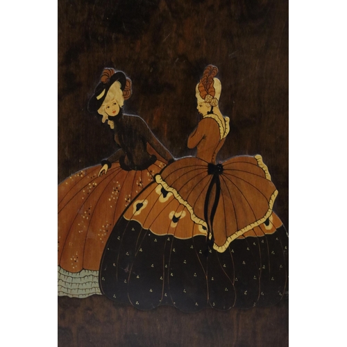 41 - AN AERT DECO CIRCUALR FIRE SCREEN WITH EMBOSSED WOODEN LADIES IN FULL DRESSES AND BONNETS