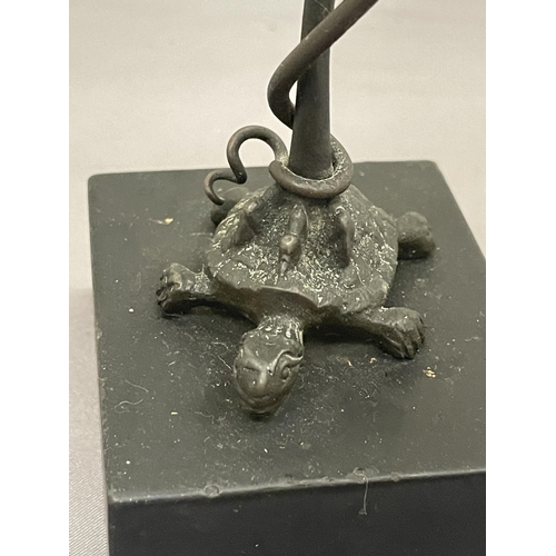 56 - A BRONZE FIGURE OF THE TURTLE, STORK AND SNAKE ON A BASE