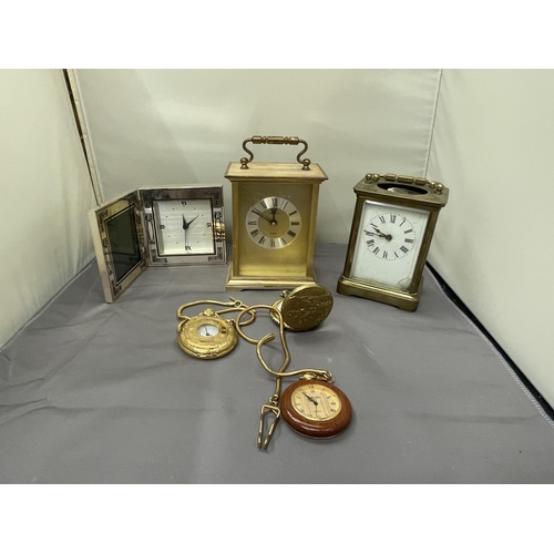 57 - TWO CARRIAGE CLOCKS ONE WITH VISUAL ESCAPEMENT, A FURTHER MACINTOSCH STYLE CLOCK AND THREE POCKET WA... 