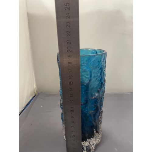 65 - A WHITEFRIARS KINGFISHER BLUE TEXTURED BARK EFFECT VASE HEIGHT 19CM