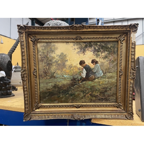 78 - A GILT FRAMED OIL ON BOARD OF TWO CHILDREN BY A RIVER SIGNED 29.5CM X 23CM