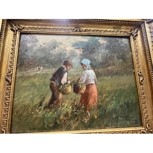 79 - A GILT FRAMED OIL ON BOARD OF TWO CHILDREN BY A RIVER SIGNED 29.5CM X 23CM