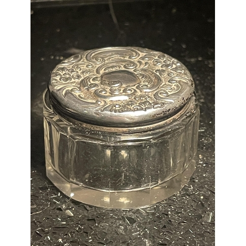 96 - A HALLMARKED SILVER TOPPED GLASS POT