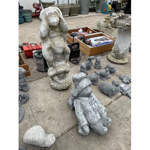 1849 - A CONCRETE PADDINGTON BEAR GARDEN ORNAMENT AND A SEE NO EVIL, SPEAK NO EVIL, HEAR NO EVIL MONKEY FIG... 