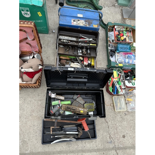 1857 - THREE TOOL BOXES WITH AN ASSORTMENT OF TOOLS TO INCLUDE SOCKETS, HAMMERS AND A BRACE DRILL ETC