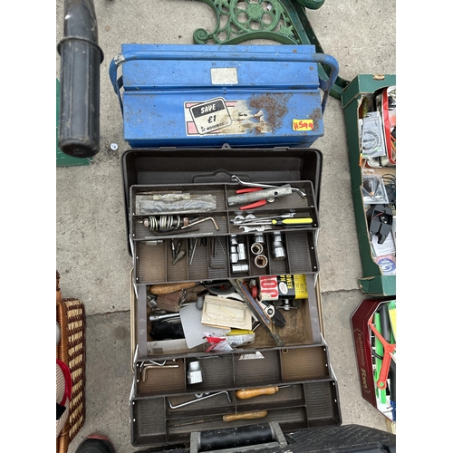 1857 - THREE TOOL BOXES WITH AN ASSORTMENT OF TOOLS TO INCLUDE SOCKETS, HAMMERS AND A BRACE DRILL ETC