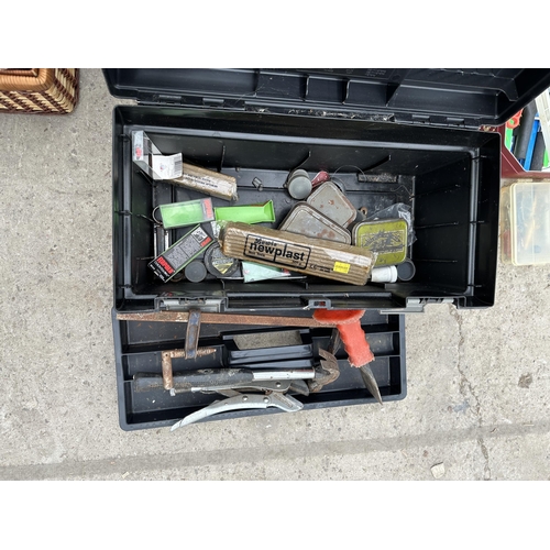 1857 - THREE TOOL BOXES WITH AN ASSORTMENT OF TOOLS TO INCLUDE SOCKETS, HAMMERS AND A BRACE DRILL ETC