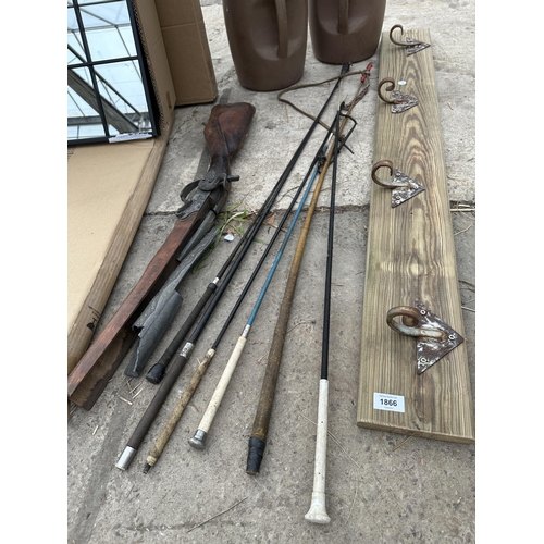 1866 - AN ASSORTMENT OF ITEMS TO INCLUDE RIDING CROPS AND A COAT HOOK ETC