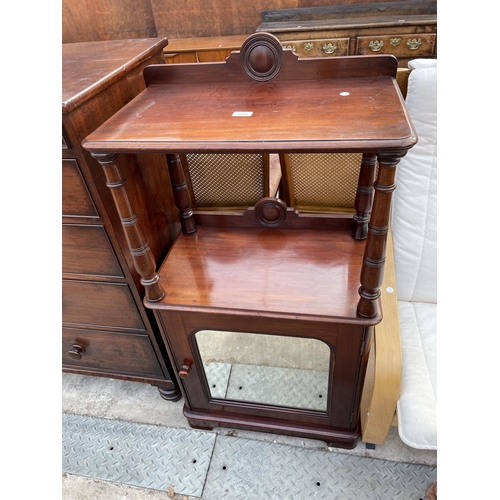 2584 - A VICTORIAN MAHOGANY TWO TIER WHAT NOT WITH MIRROR DOOR CUPBOARD TO BASE AND TURNED UPRIGHTS 24