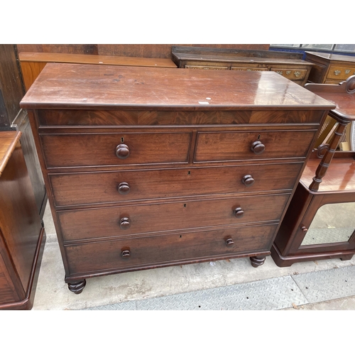 2585 - A 19TH CENTURY MAHOGANY CHEST OF TWO SHORT AND THREE LONG GRADUATED DRAWERS ON TURNED LEGS 48