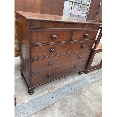 2585 - A 19TH CENTURY MAHOGANY CHEST OF TWO SHORT AND THREE LONG GRADUATED DRAWERS ON TURNED LEGS 48