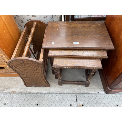 2587 - A MODERN OAK NEST OF THREE TABLES AND MAGAZINE RACK